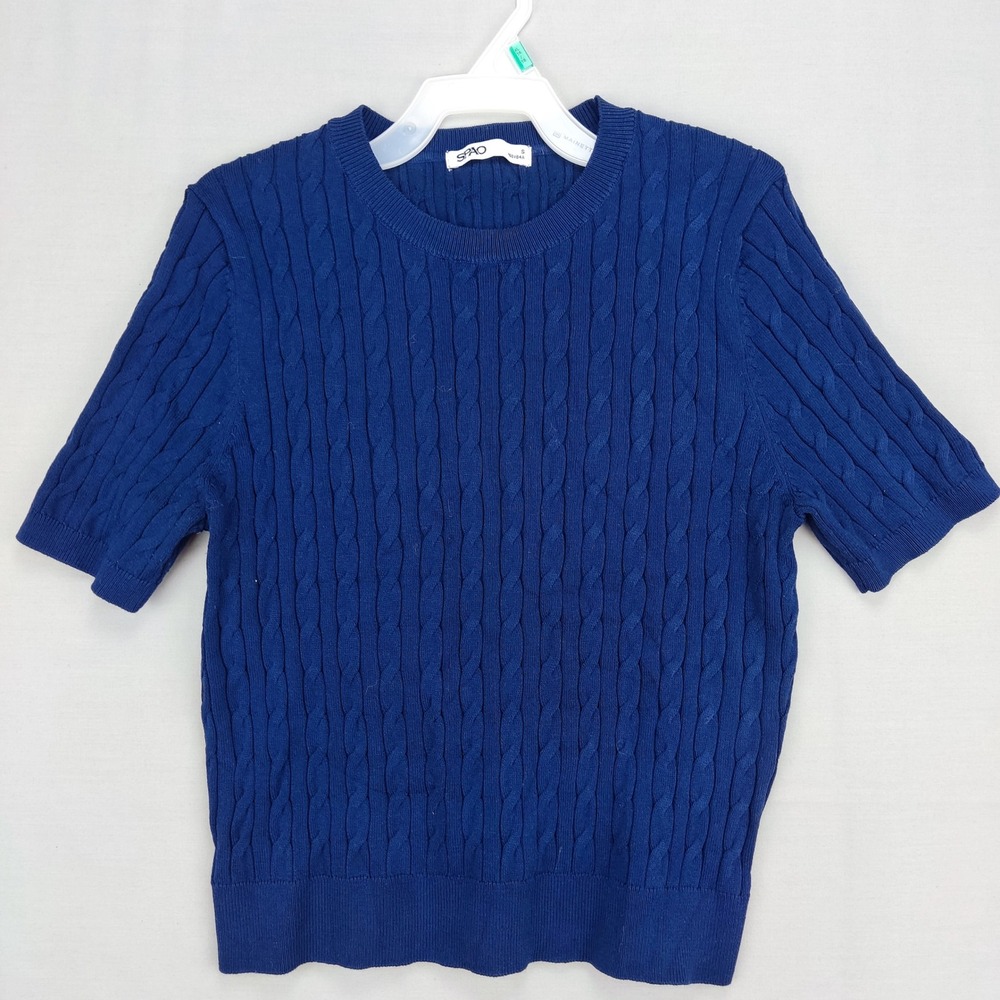 SPAO Sweater Womens Small Blue Cable Knit Short Sleeve‎ Crew Neck SPKWF25G01-00
